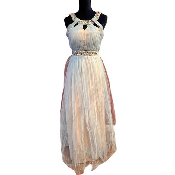 City Triangles Dress beaded cutout halter dress tulle baby blue nude size 5 - Picture 3 of 11
